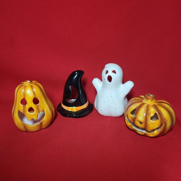 Halloween Votive Candle Holders Witch Hat Ghost Pumpkins Spooky Ceramic Set of 4 - Picture 1 of 12